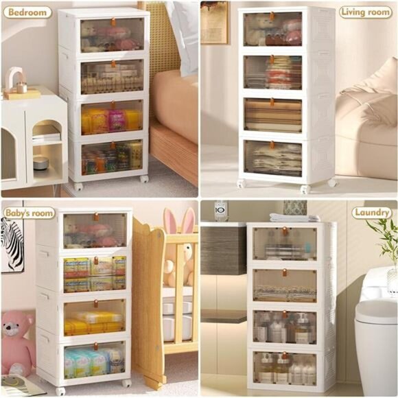 4 Tier Stackable Plastic Storage Bins with Lid Wheels Closet Organizer 92QT - Picture 2 of 7